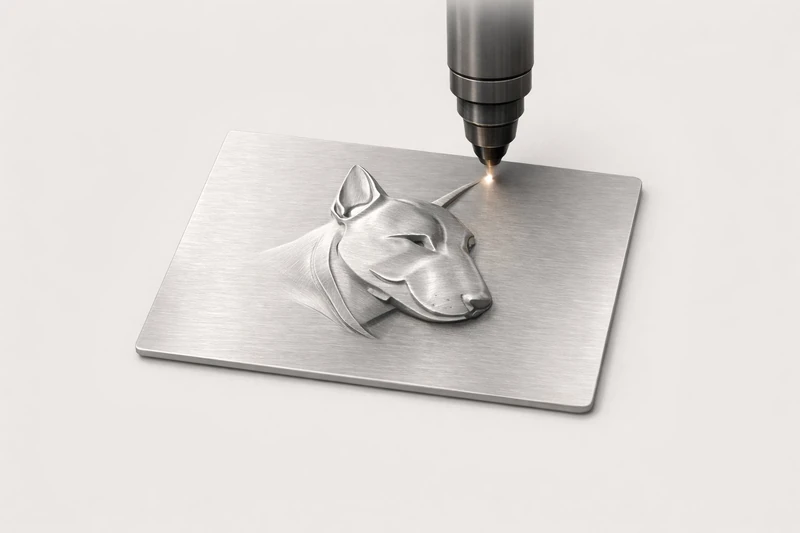 Laser grawerujący płaskorzeźbę 3D psa na szczotkowanej stali
